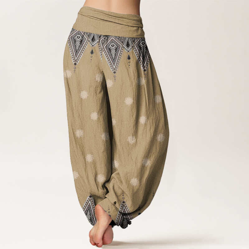 Pantalones harén con cintura elástica para mujer, diseño floral geométrico bohemio con Buddha Stones - image 6