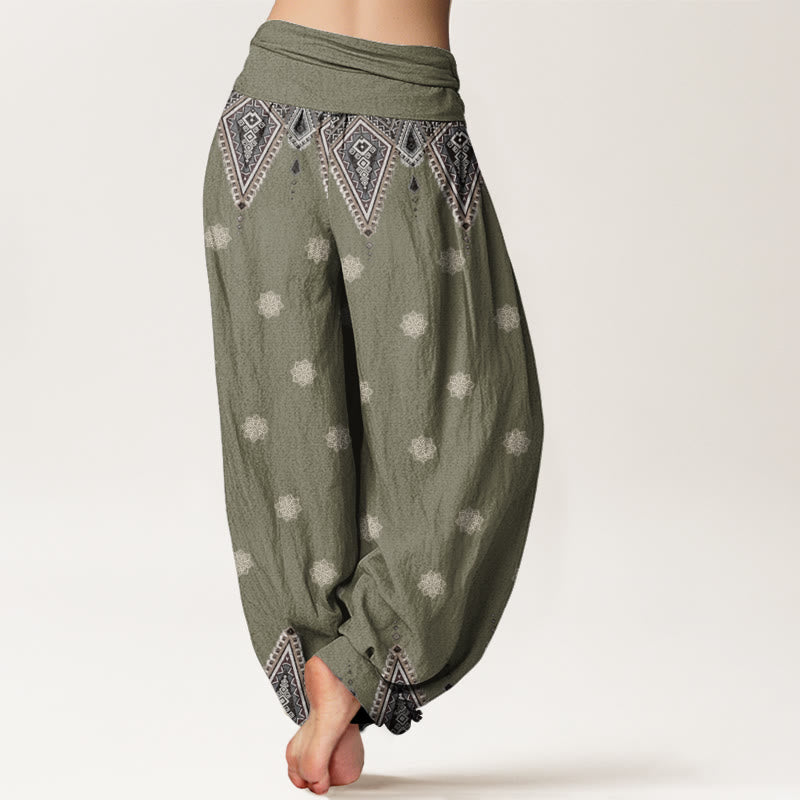 Pantalones harén con cintura elástica para mujer, diseño floral geométrico bohemio con Buddha Stones - image 9