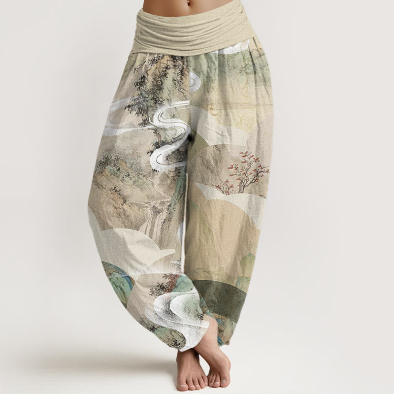 Pantalones harén con cintura elástica para mujer, diseño de paisaje chino con Buddha Stones, montañas, ríos y niebla - Beige - US22，UK/AU26，EU54 (6XL) - image 1