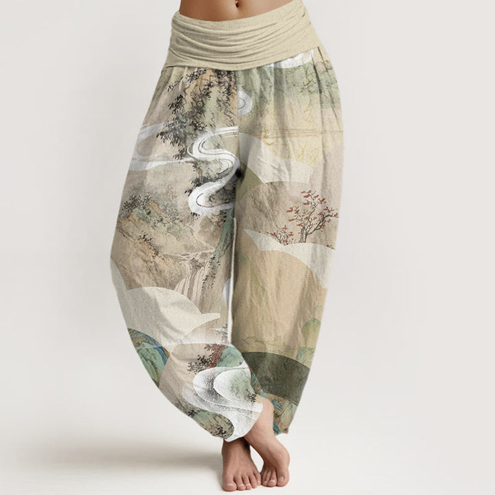 Pantalones harén con cintura elástica para mujer, diseño de paisaje chino con Buddha Stones, montañas, ríos y niebla - Beige - US22，UK/AU26，EU54 (6XL) - image 1