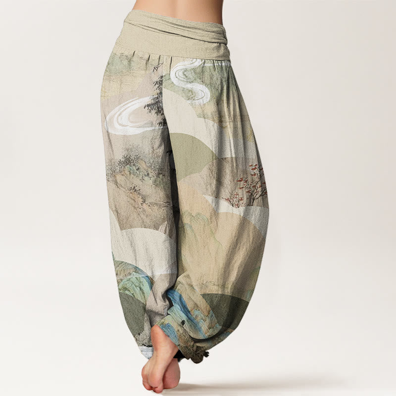 Pantalones harén con cintura elástica para mujer, diseño de paisaje chino con Buddha Stones, montañas, ríos y niebla - image 2