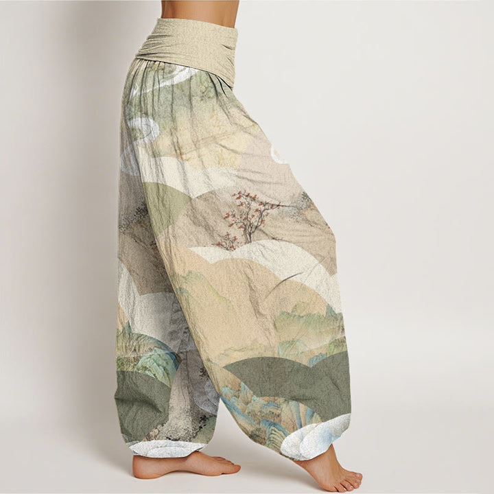 Pantalones harén con cintura elástica para mujer, diseño de paisaje chino con Buddha Stones, montañas, ríos y niebla - image 3