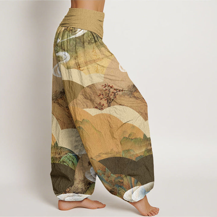 Pantalones harén con cintura elástica para mujer, diseño de paisaje chino con Buddha Stones, montañas, ríos y niebla - image 7