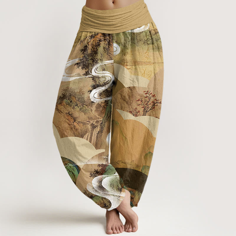 Pantalones harén con cintura elástica para mujer, diseño de paisaje chino con Buddha Stones, montañas, ríos y niebla - Caqui - US22，UK/AU26，EU54 (6XL) - image 5