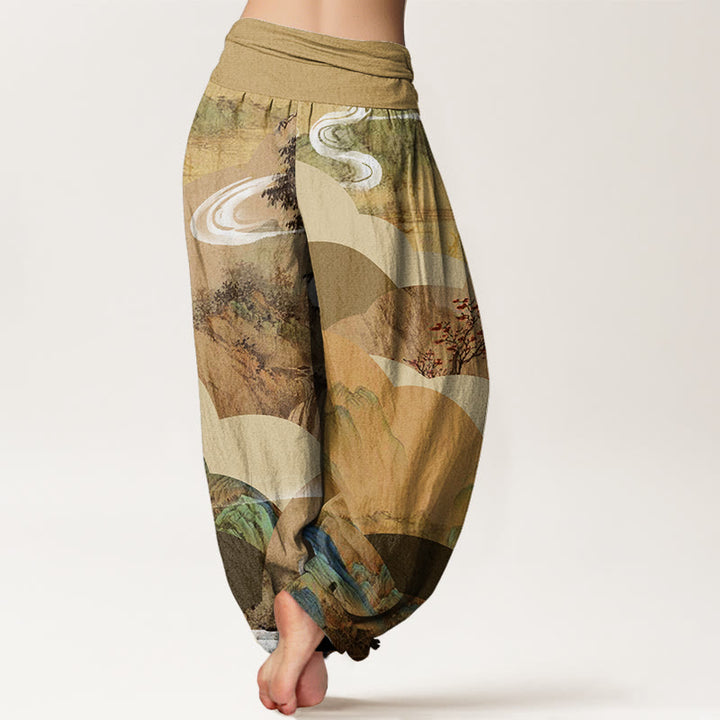 Pantalones harén con cintura elástica para mujer, diseño de paisaje chino con Buddha Stones, montañas, ríos y niebla - image 6