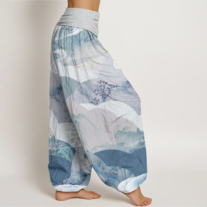 Pantalones harén con cintura elástica para mujer, diseño de paisaje chino con Buddha Stones, montañas, ríos y niebla - image 10