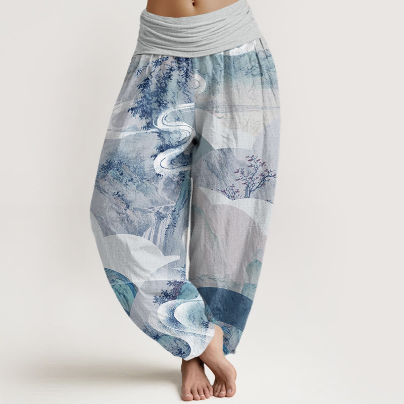 Pantalones harén con cintura elástica para mujer, diseño de paisaje chino con Buddha Stones, montañas, ríos y niebla - Azur - US22，UK/AU26，EU54 (6XL) - image 8