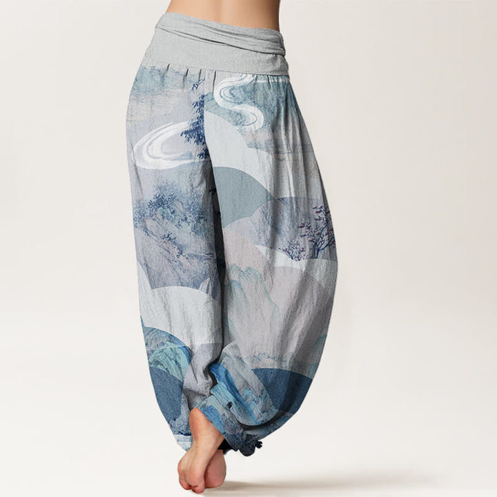 Pantalones harén con cintura elástica para mujer, diseño de paisaje chino con Buddha Stones, montañas, ríos y niebla - image 9