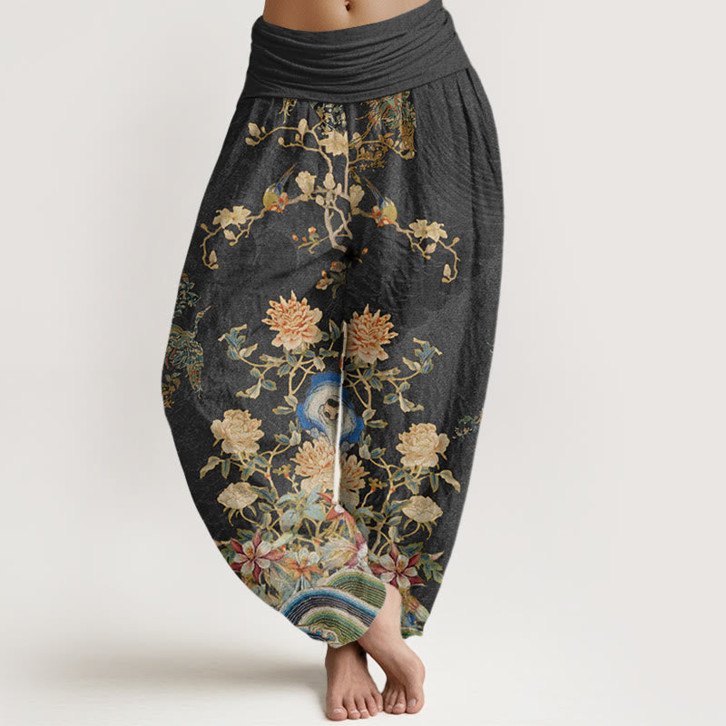 Pantalones harén con cintura elástica para mujer, diseño de pavos reales, flores amarillas y piedras de Buddha Stones - Negro - US22，UK/AU26，EU54 (6XL) - image 1