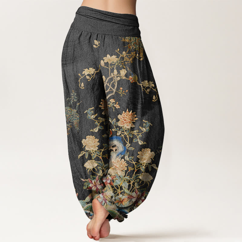 Pantalones harén con cintura elástica para mujer, diseño de pavos reales, flores amarillas y piedras de Buddha Stones - image 2