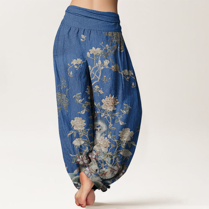 Pantalones harén con cintura elástica para mujer, diseño de pavos reales, flores amarillas y piedras de Buddha Stones - image 6