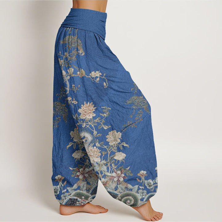 Pantalones harén con cintura elástica para mujer, diseño de pavos reales, flores amarillas y piedras de Buddha Stones - image 7