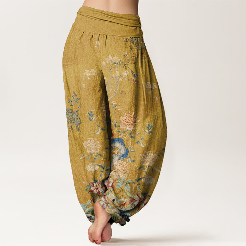 Pantalones harén con cintura elástica para mujer, diseño de pavos reales, flores amarillas y piedras de Buddha Stones - image 9
