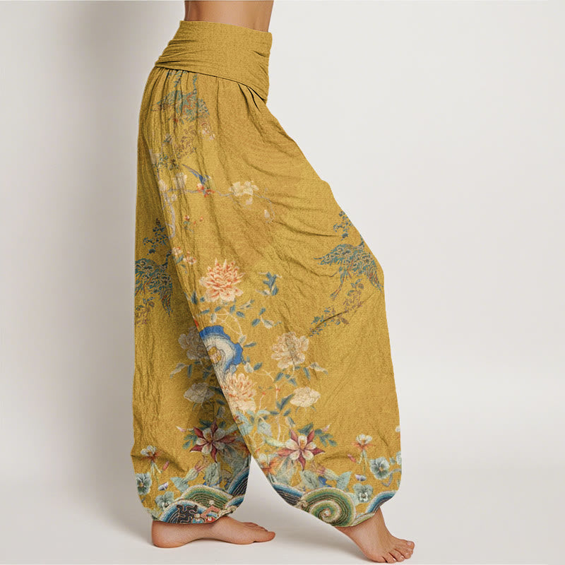 Pantalones harén con cintura elástica para mujer, diseño de pavos reales, flores amarillas y piedras de Buddha Stones - image 10