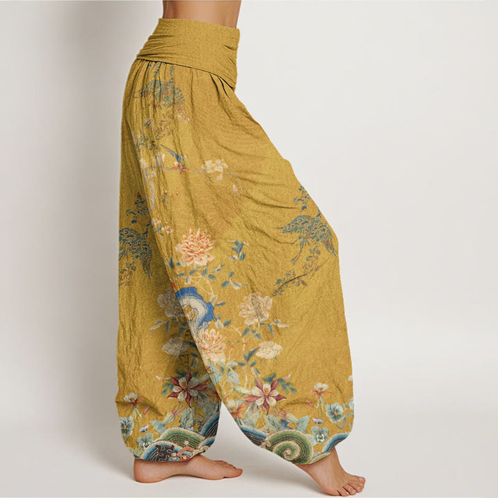 Pantalones harén con cintura elástica para mujer, diseño de pavos reales, flores amarillas y piedras de Buddha Stones - image 10