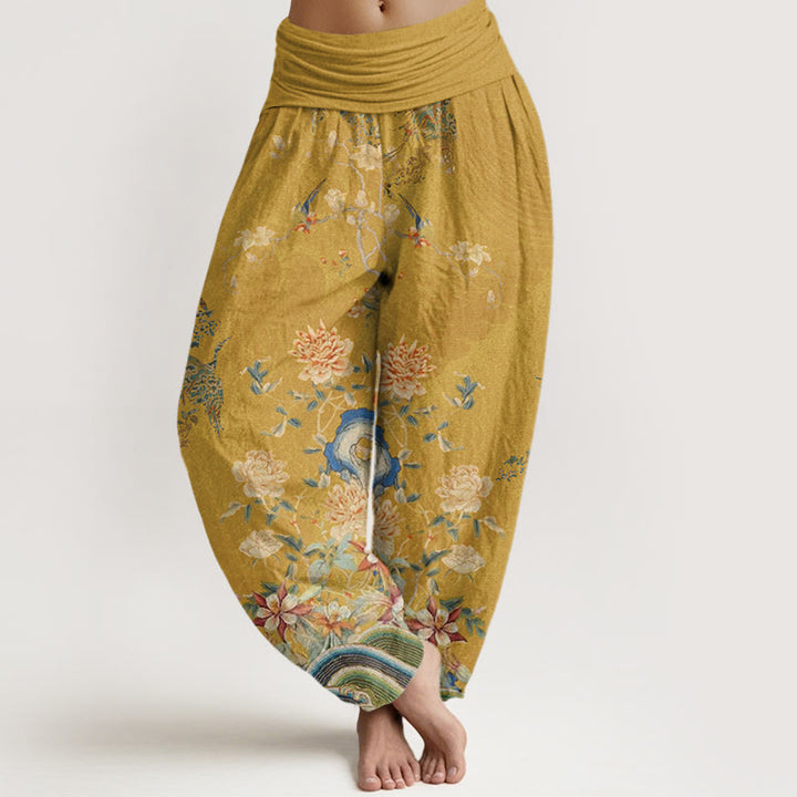 Pantalones harén con cintura elástica para mujer, diseño de pavos reales, flores amarillas y piedras de Buddha Stones - Caqui - US22，UK/AU26，EU54 (6XL) - image 8