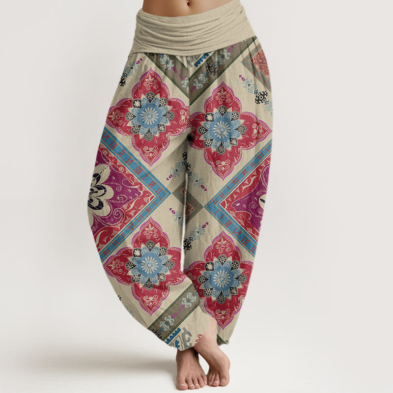 Pantalones harén con cintura elástica para mujer, diseño floral geométrico en forma de diamante y Buddha Stones - Beige - US22，UK/AU26，EU54 (6XL) - image 1