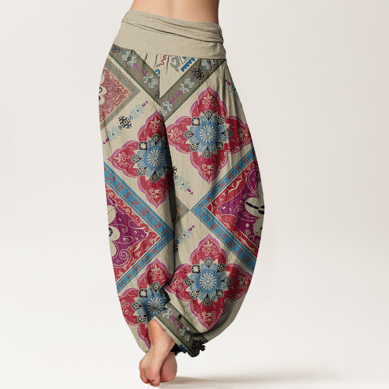 Pantalones harén con cintura elástica para mujer, diseño floral geométrico en forma de diamante y Buddha Stones - image 2