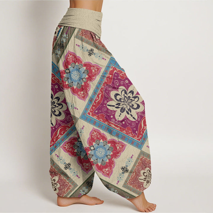 Pantalones harén con cintura elástica para mujer, diseño floral geométrico en forma de diamante y Buddha Stones - image 3