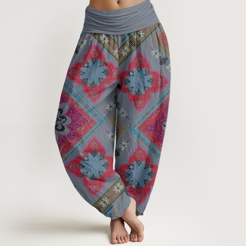 Pantalones harén con cintura elástica para mujer, diseño floral geométrico en forma de diamante y Buddha Stones - Azul claro - US22，UK/AU26，EU54 (6XL) - image 5