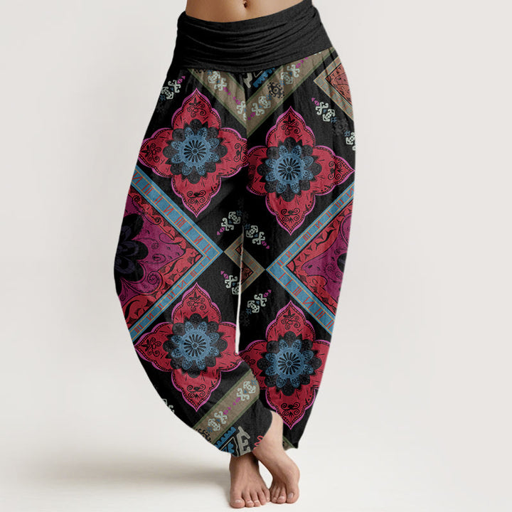 Pantalones harén con cintura elástica para mujer, diseño floral geométrico en forma de diamante y Buddha Stones - Negro - US22，UK/AU26，EU54 (6XL) - image 8