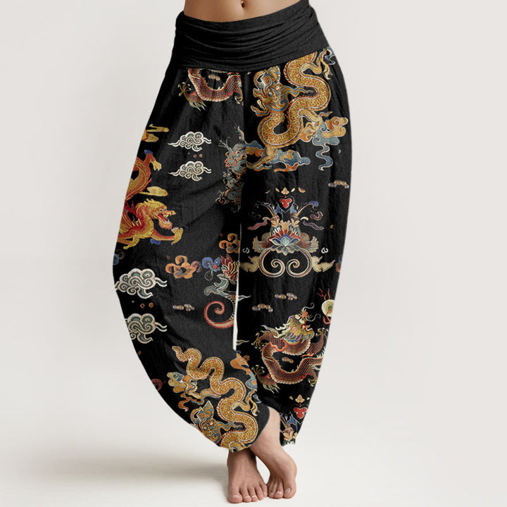 Pantalones harén de cintura elástica para mujer con diseño de Buddha Stones, dragones dorados y nubes auspiciosas - Negro - US22，UK/AU26，EU54 (6XL) - image 1