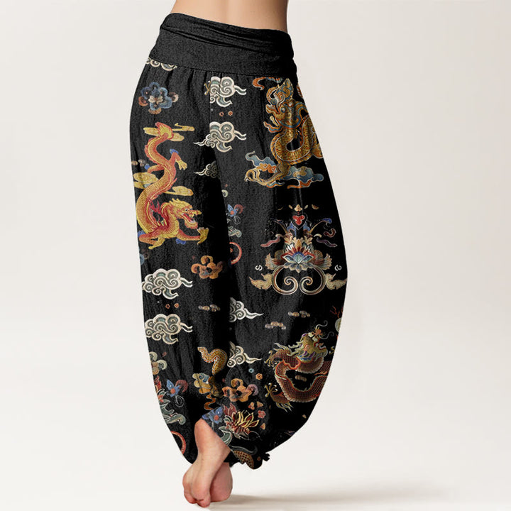 Pantalones harén de cintura elástica para mujer con diseño de Buddha Stones, dragones dorados y nubes auspiciosas - image 3