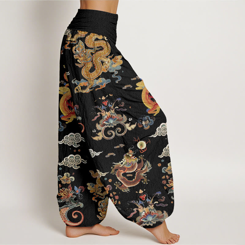 Pantalones harén de cintura elástica para mujer con diseño de Buddha Stones, dragones dorados y nubes auspiciosas - image 2