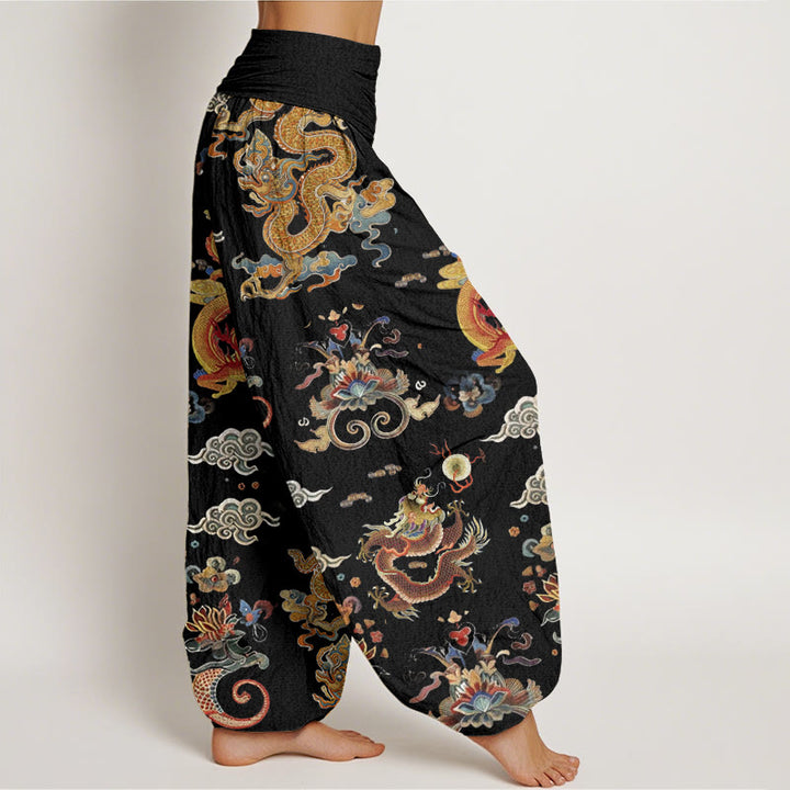 Pantalones harén de cintura elástica para mujer con diseño de Buddha Stones, dragones dorados y nubes auspiciosas - image 2