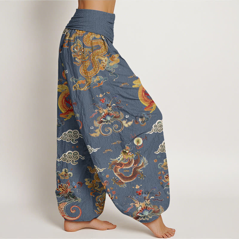 Pantalones harén de cintura elástica para mujer con diseño de Buddha Stones, dragones dorados y nubes auspiciosas - image 7