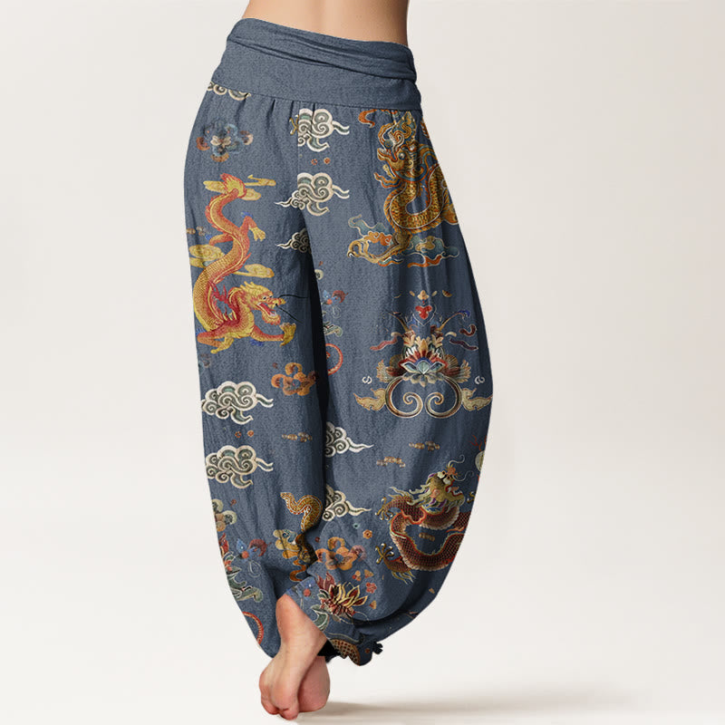 Pantalones harén de cintura elástica para mujer con diseño de Buddha Stones, dragones dorados y nubes auspiciosas - image 6