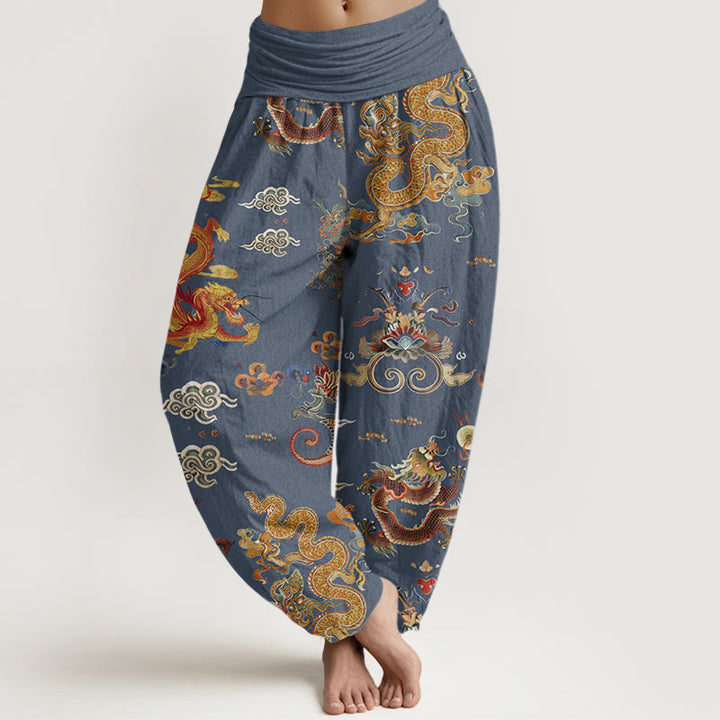 Pantalones harén de cintura elástica para mujer con diseño de Buddha Stones, dragones dorados y nubes auspiciosas - Azul acero - US22，UK/AU26，EU54 (6XL) - image 5