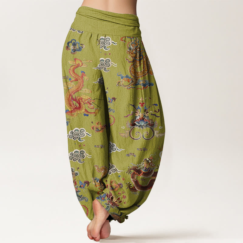 Pantalones harén de cintura elástica para mujer con diseño de Buddha Stones, dragones dorados y nubes auspiciosas - image 9