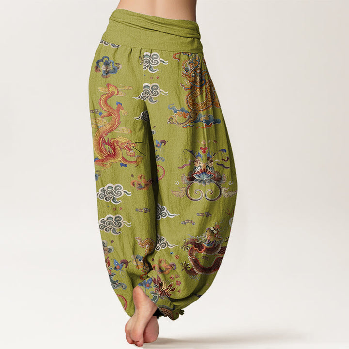 Pantalones harén de cintura elástica para mujer con diseño de Buddha Stones, dragones dorados y nubes auspiciosas - image 9