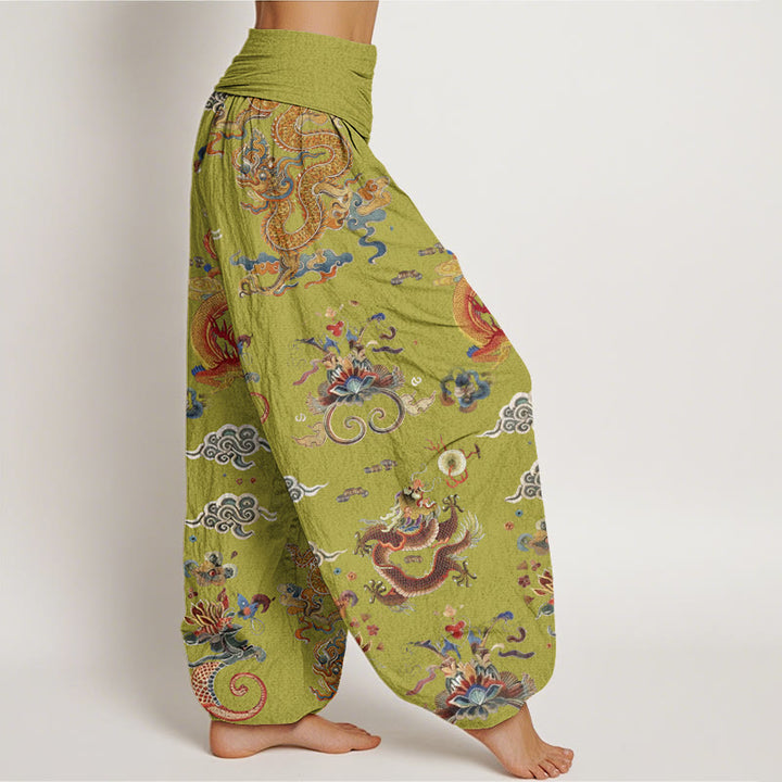 Pantalones harén de cintura elástica para mujer con diseño de Buddha Stones, dragones dorados y nubes auspiciosas - image 10