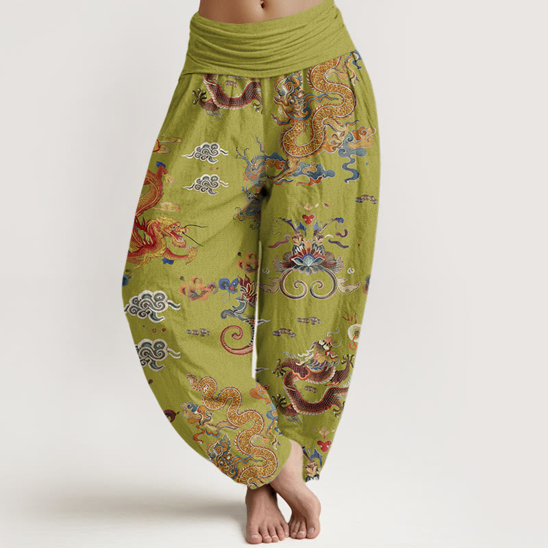 Pantalones harén de cintura elástica para mujer con diseño de Buddha Stones, dragones dorados y nubes auspiciosas - AmarilloVerde - US22，UK/AU26，EU54 (6XL) - image 8