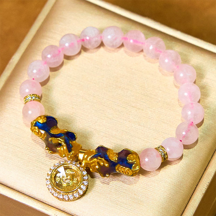 Pulsera cálida con dije de ciclón PiXiu doble que cambia de color con cristales rosas de Buddha Stones
