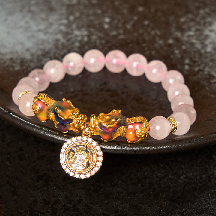 Pulsera cálida con dije de ciclón PiXiu doble que cambia de color con cristales rosas de Buddha Stones