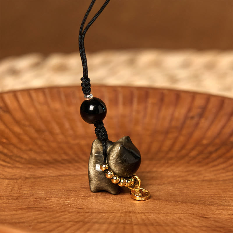 Buddha Stones, obsidiana plateada, obsidiana negra, obsidiana dorada, lindo gato Fu, llavero protector, decoración colgante para teléfono. - Adorno colgante para teléfono de obsidiana con brillo dorado - image 20