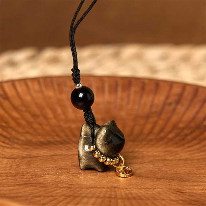 Buddha Stones, obsidiana plateada, obsidiana negra, obsidiana dorada, lindo gato Fu, llavero protector, decoración colgante para teléfono. - Adorno colgante para teléfono de obsidiana con brillo dorado - image 20