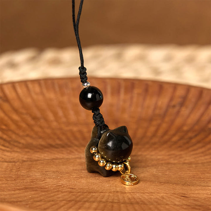 Buddha Stones, obsidiana plateada, obsidiana negra, obsidiana dorada, lindo gato Fu, llavero protector, decoración colgante para teléfono. - image 14