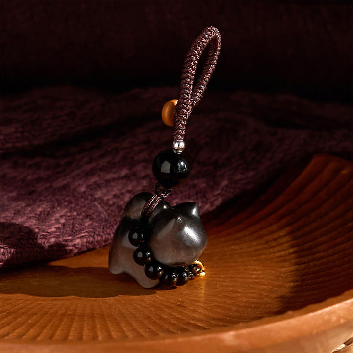 Buddha Stones, obsidiana plateada, obsidiana negra, obsidiana dorada, lindo gato Fu, llavero protector, decoración colgante para teléfono. - image 9