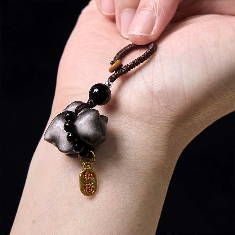 Buddha Stones, obsidiana plateada, obsidiana negra, obsidiana dorada, lindo gato Fu, llavero protector, decoración colgante para teléfono. - image 4
