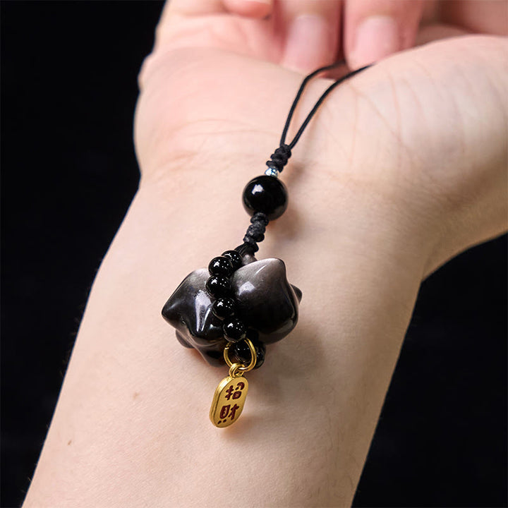 Buddha Stones, obsidiana plateada, obsidiana negra, obsidiana dorada, lindo gato Fu, llavero protector, decoración colgante para teléfono. - image 16