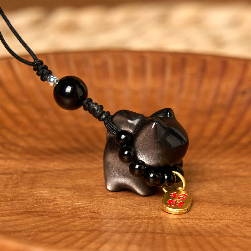 Buddha Stones, obsidiana plateada, obsidiana negra, obsidiana dorada, lindo gato Fu, llavero protector, decoración colgante para teléfono. - image 15