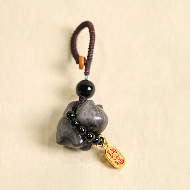 Buddha Stones, obsidiana plateada, obsidiana negra, obsidiana dorada, lindo gato Fu, llavero protector, decoración colgante para teléfono. - image 2