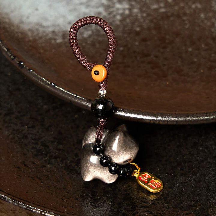 Buddha Stones, obsidiana plateada, obsidiana negra, obsidiana dorada, lindo gato Fu, llavero protector, decoración colgante para teléfono. - image 10