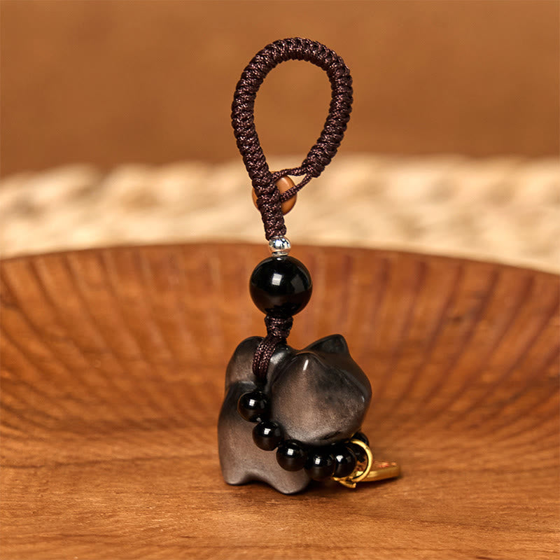 Buddha Stones, obsidiana plateada, obsidiana negra, obsidiana dorada, lindo gato Fu, llavero protector, decoración colgante para teléfono. - image 3