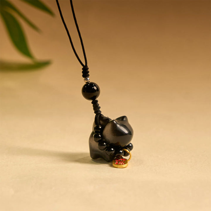 Buddha Stones, obsidiana plateada, obsidiana negra, obsidiana dorada, lindo gato Fu, llavero protector, decoración colgante para teléfono. - Adorno colgante para teléfono de obsidiana con brillo plateado - image 11