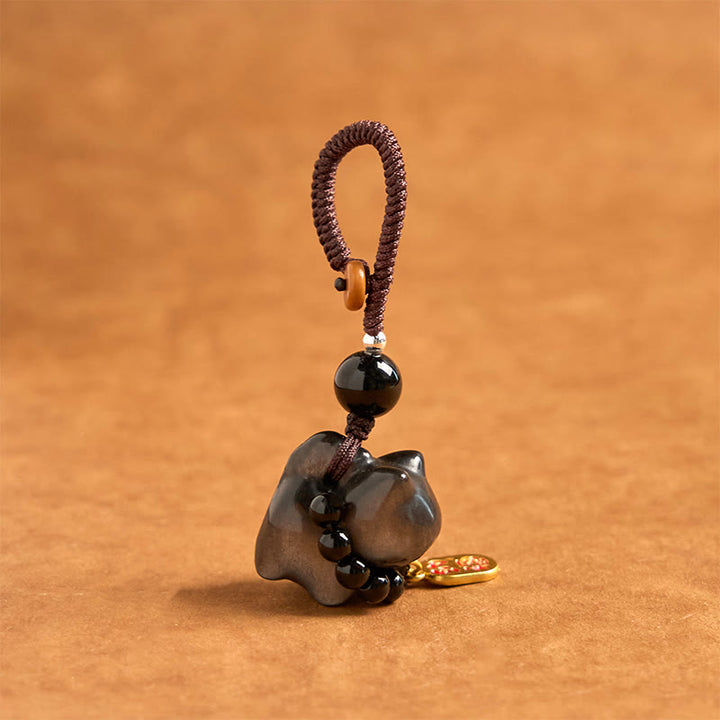 Buddha Stones, obsidiana plateada, obsidiana negra, obsidiana dorada, lindo gato Fu, llavero protector, decoración colgante para teléfono. - image 8